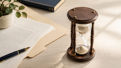 Hourglass and legal documents on a desk representing Texas divorce timelines